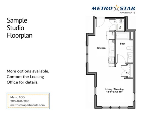 A floor plan for a studio apartment is shown for Metro Star Apartments.